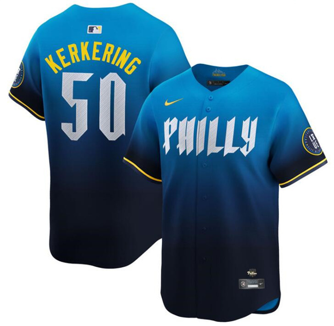 Men's Philadelphia Phillies #50 Orion Kerkering Blue 2024 City Connect Limited Stitched Jersey Men's Philadelphia Phillies #50 Orion Kerkering Blue 2024 City Connect Limited Stitched Jersey